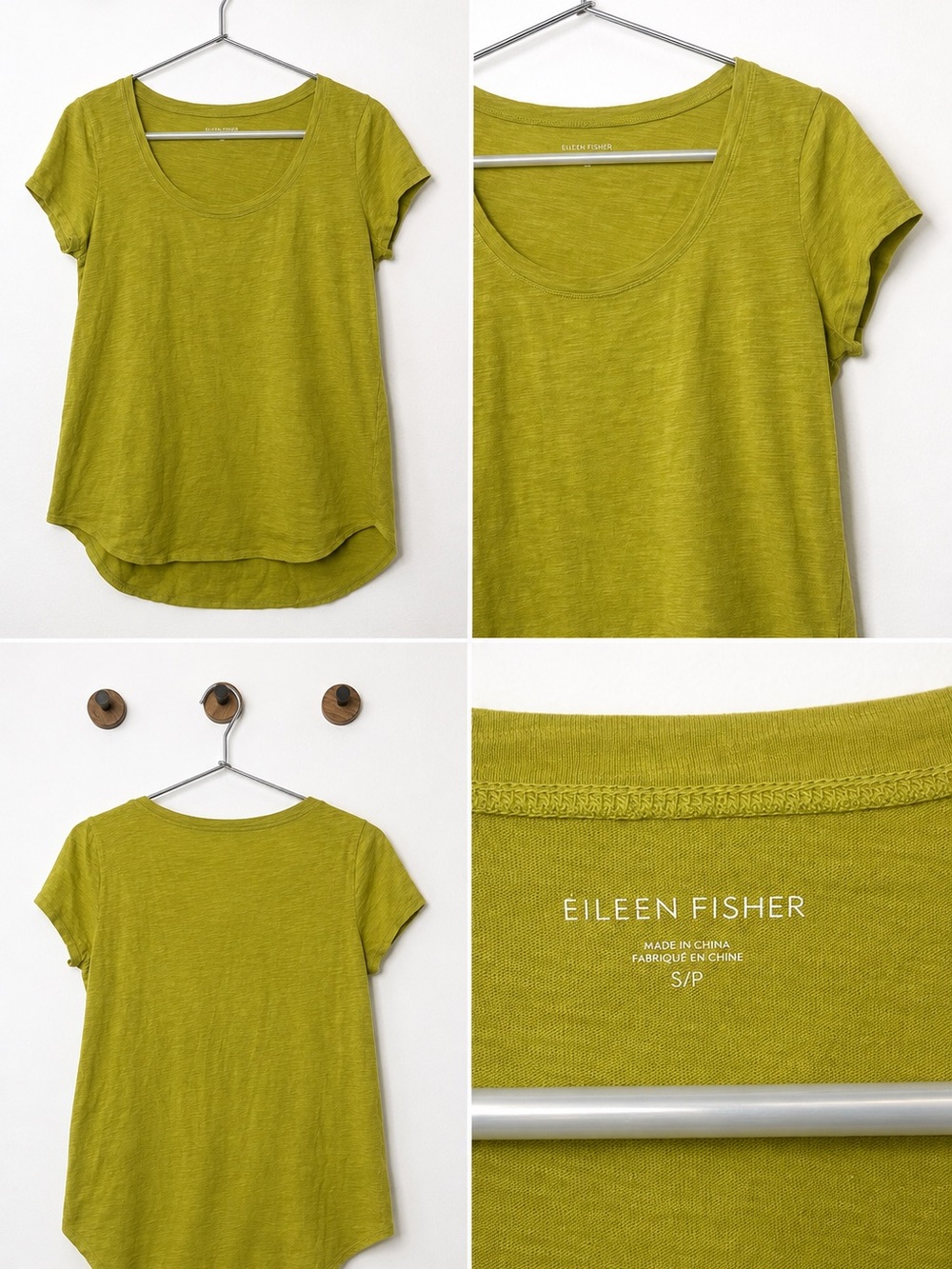 EILEEN FISHER Olive Green Scoop Neck Short Sleeve Top